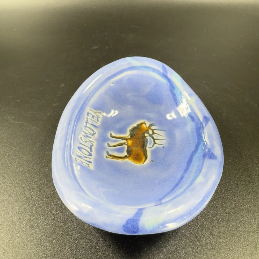 Vintage Yellowstone Pottery Ceramic Oval Trinket Holder Dish Small Plate Blue